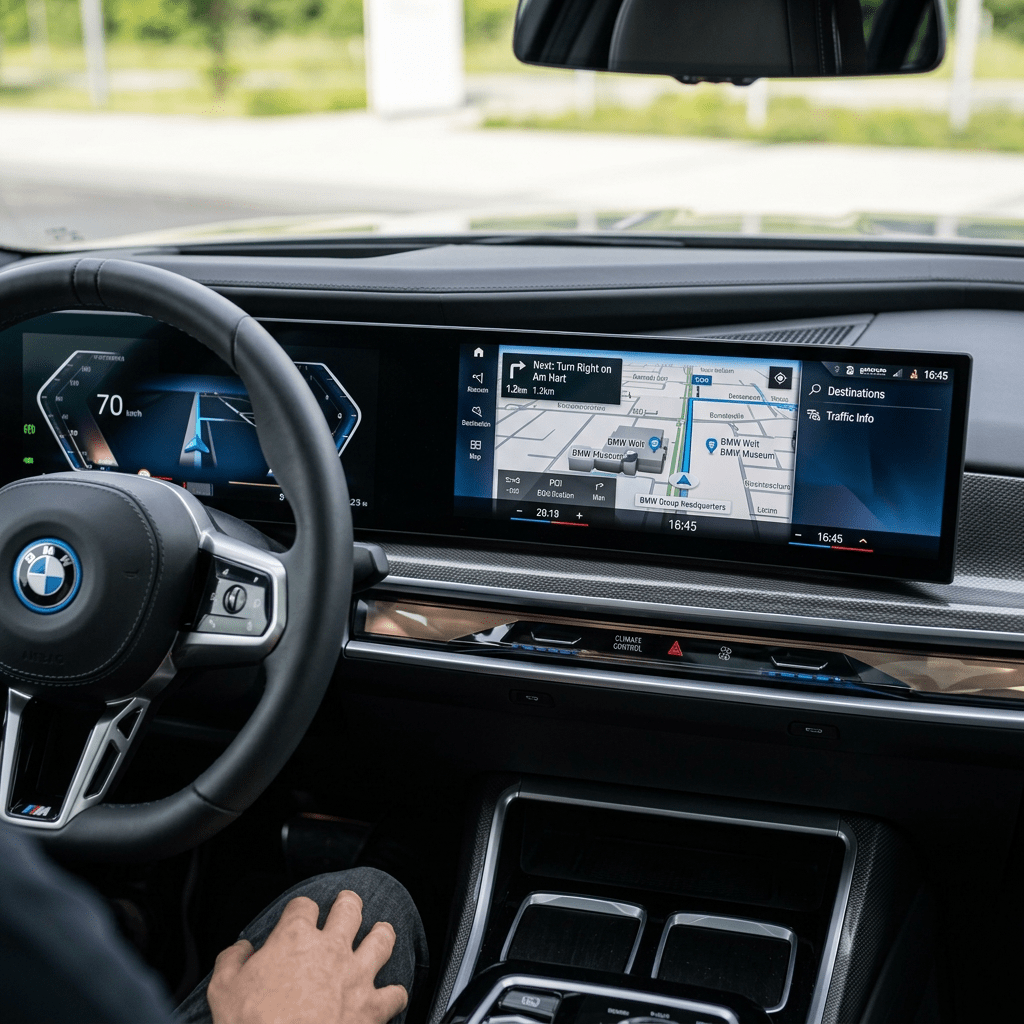 BMW car dashboard with digital speedometer and navigation screen showing turn-by-turn directions