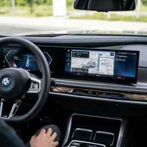 BMW car dashboard with digital speedometer and navigation screen showing turn-by-turn directions